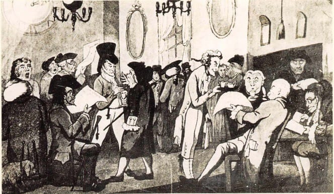 Ilustrasi George Llyoyd's Coffee House di London. penemu kopi adalah orang arab